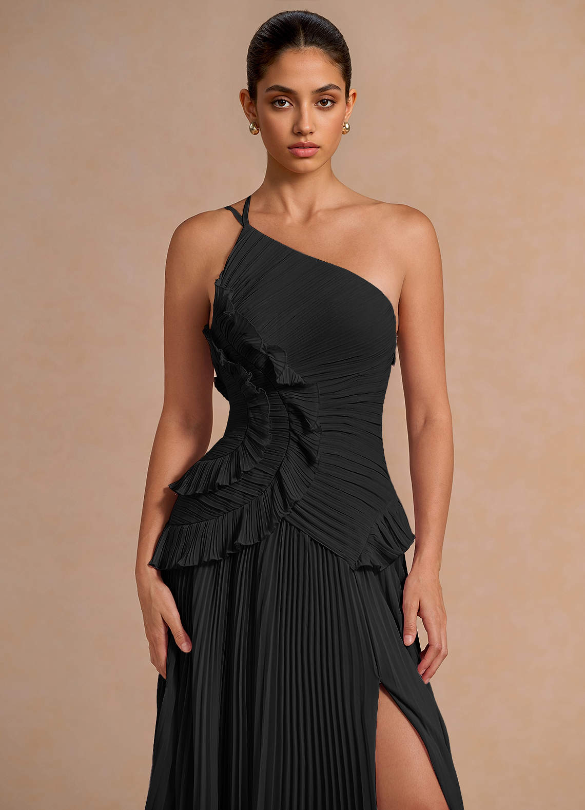 Melody A-Line One-Shoulder Chiffon Evening Dress in black