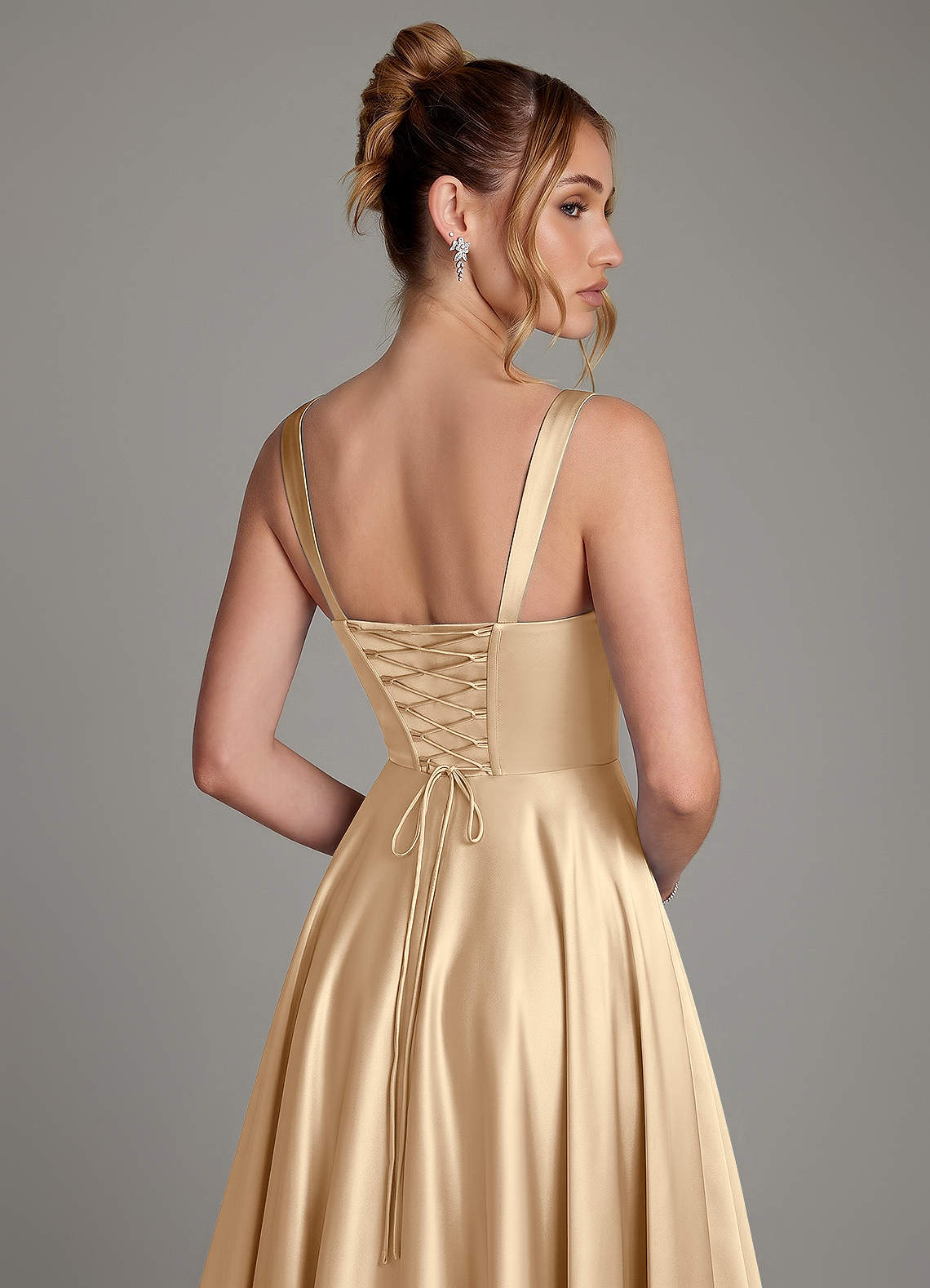 Azaria A-Line Square-Neck Stretch Satin Bridesmaid Dress in Champagne