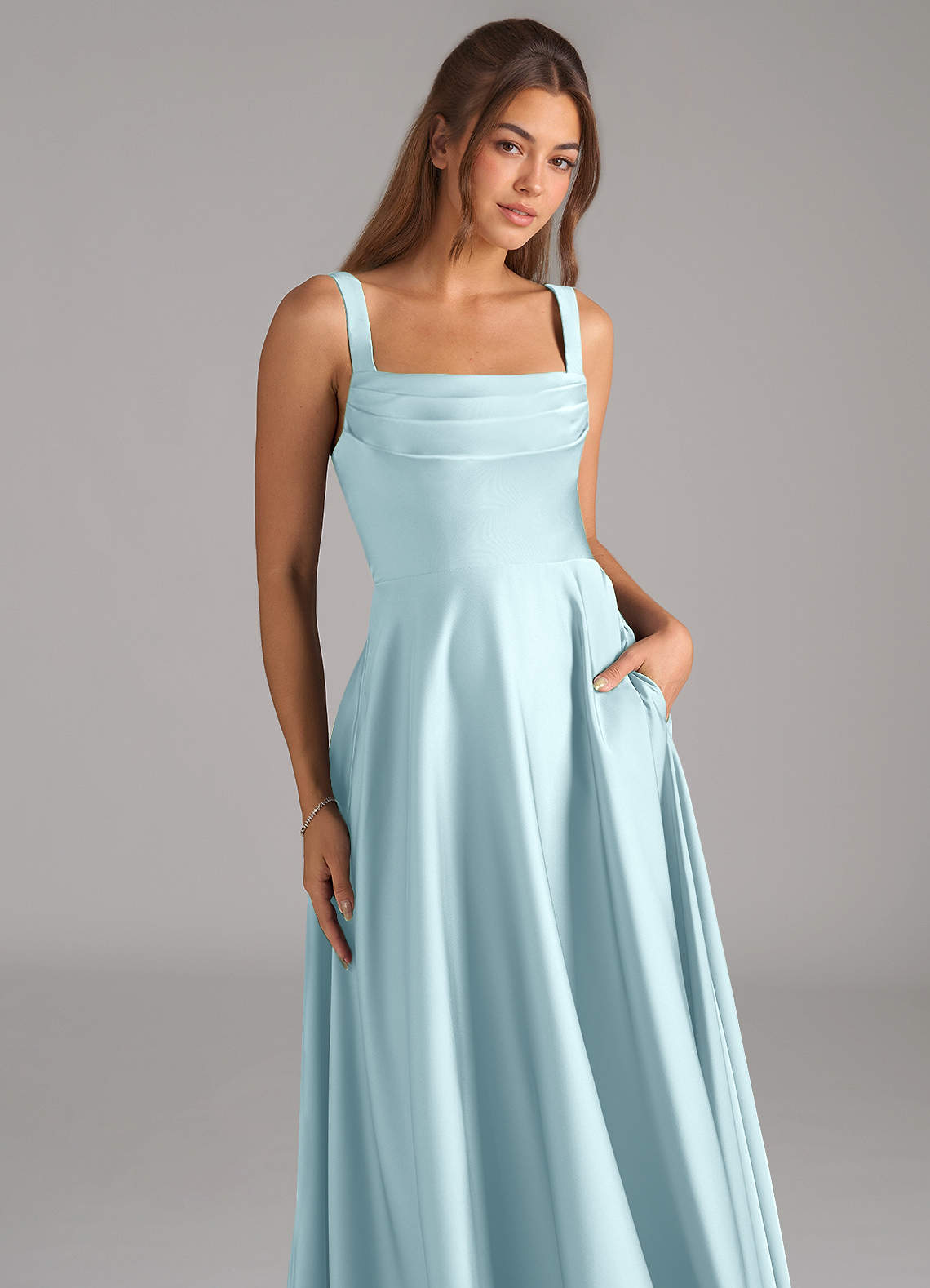 Shaude A-Line Square-Neck Stretch Satin Bridesmaid Dress in Cloud Blue
