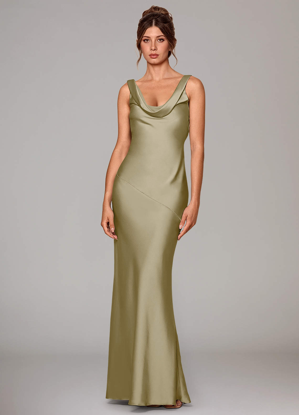 Rylina Mermaid Cowl-Neck Stretch Satin Bridesmaid Dress in Moss Green