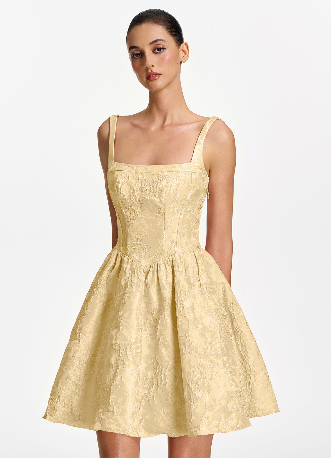 Lionelle Skater Mini Square-Neck Jacquard Prom Dress in Orange