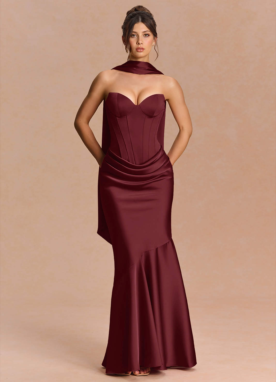 Euphemia Mermaid Strapless Stretch Satin Evening Dress in Wine
