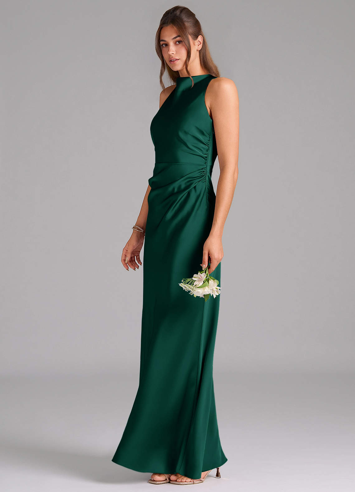 Evadne Sheath Scoop-Neck Stretch Satin Bridesmaid Dress in Emerald