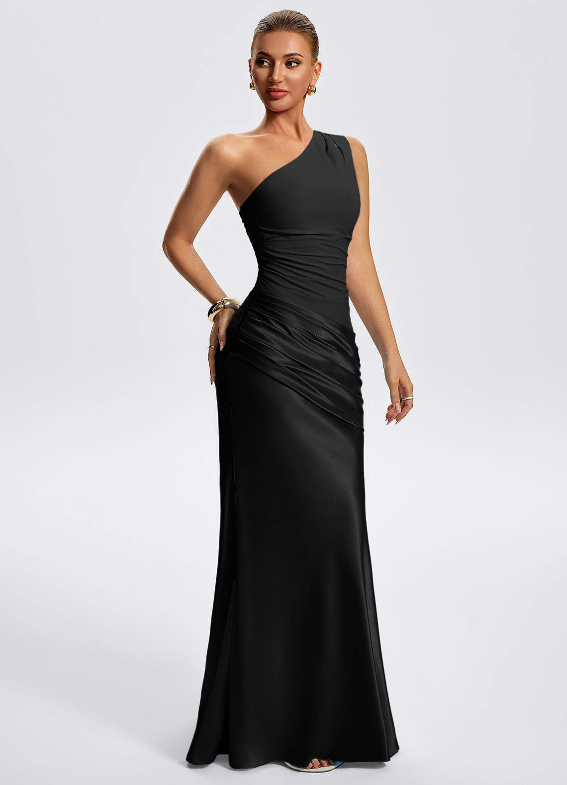 Willowyn Mermaid One-Shoulder Satin Evening Dress in black