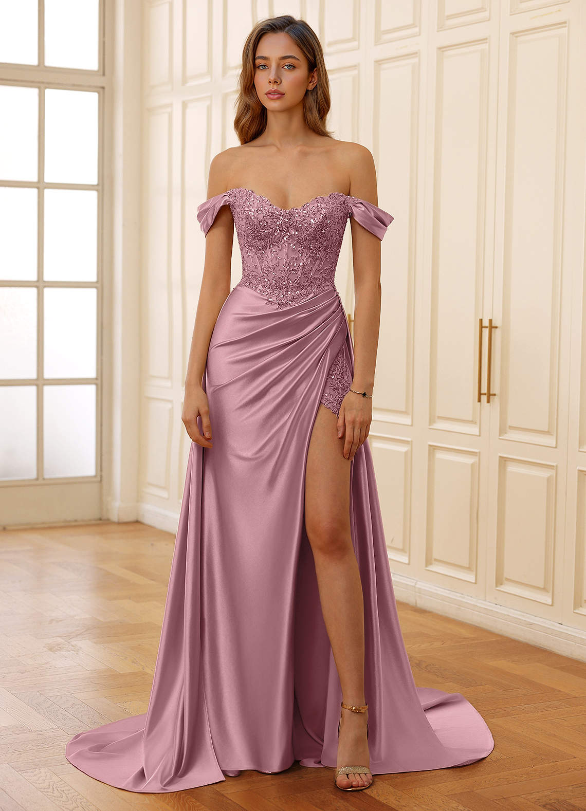 Rowane A-Line Off-the-Shoulder Satin Evening Dress in Dusty Pink