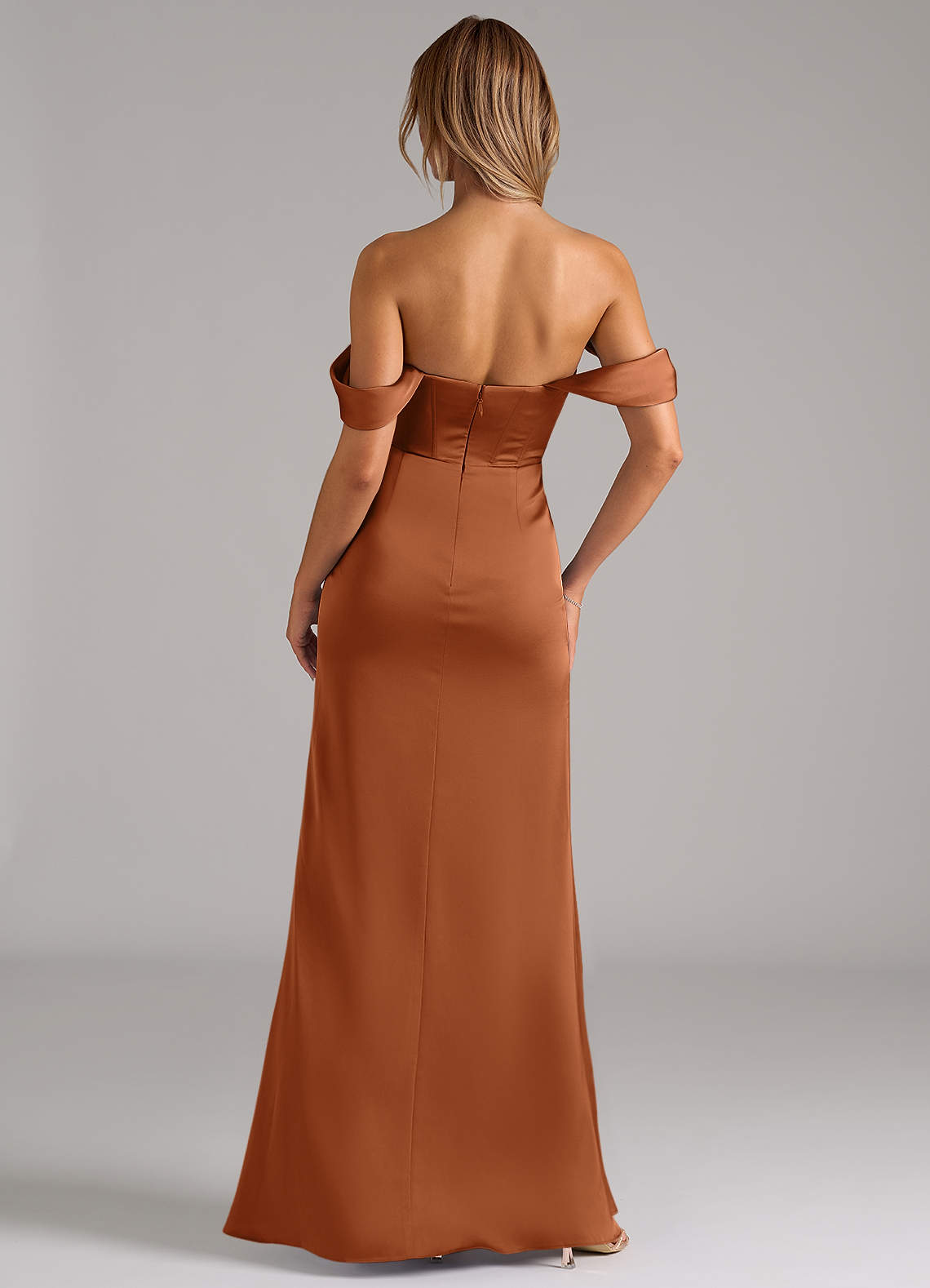 Johana Mermaid Off-the-Shoulder Stretch Satin Bridesmaid Dress in Copper