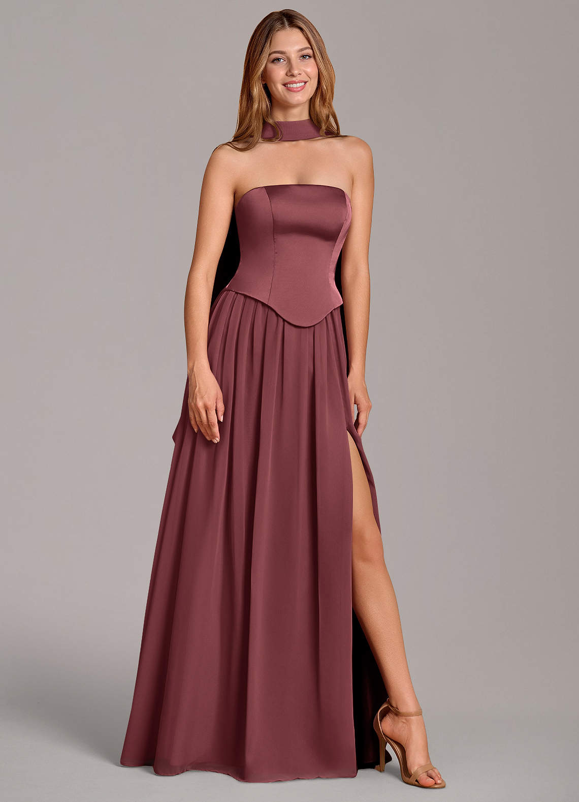 Cadence A-Line Strapless Chiffon and Stretch Satin Bridesmaid Dress in Merlot