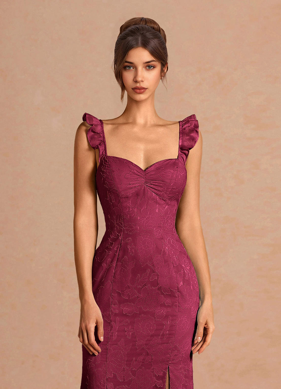 Romilly Mermaid Ruffled Chiffon Burnout Evening Dress in Merlot