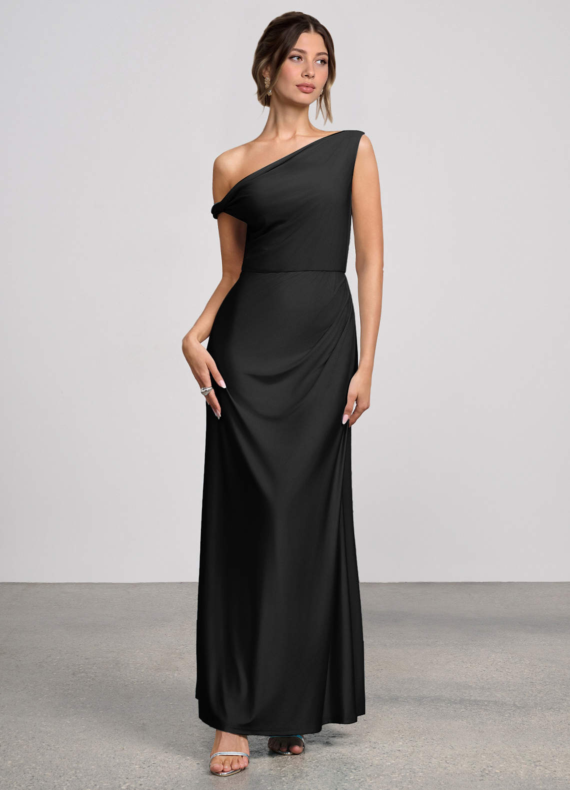 Elowen Mermaid One-Shoulder Glossy Knit Evening Dress in black