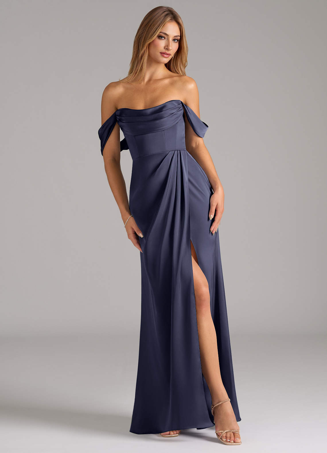 Johana Mermaid Off-the-Shoulder Stretch Satin Bridesmaid Dress in Stormy