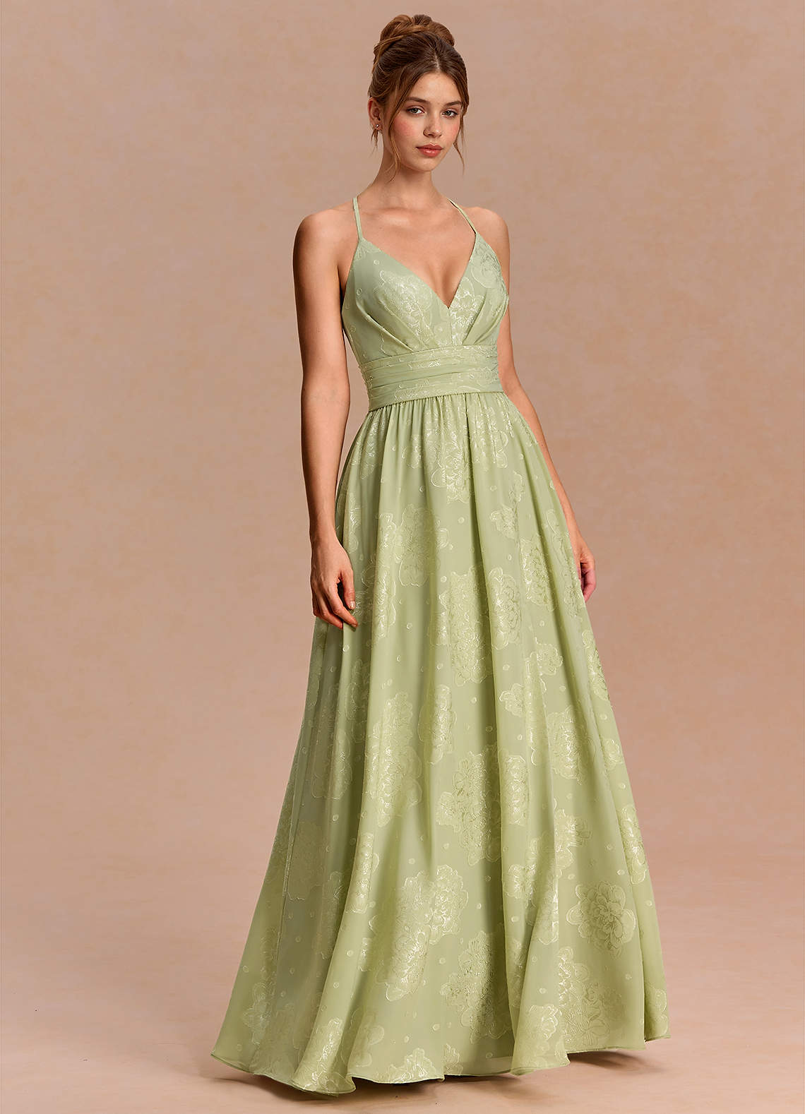 Anaëlle A-Line V-Neck Chiffon Burnout Evening Dress in Celadon