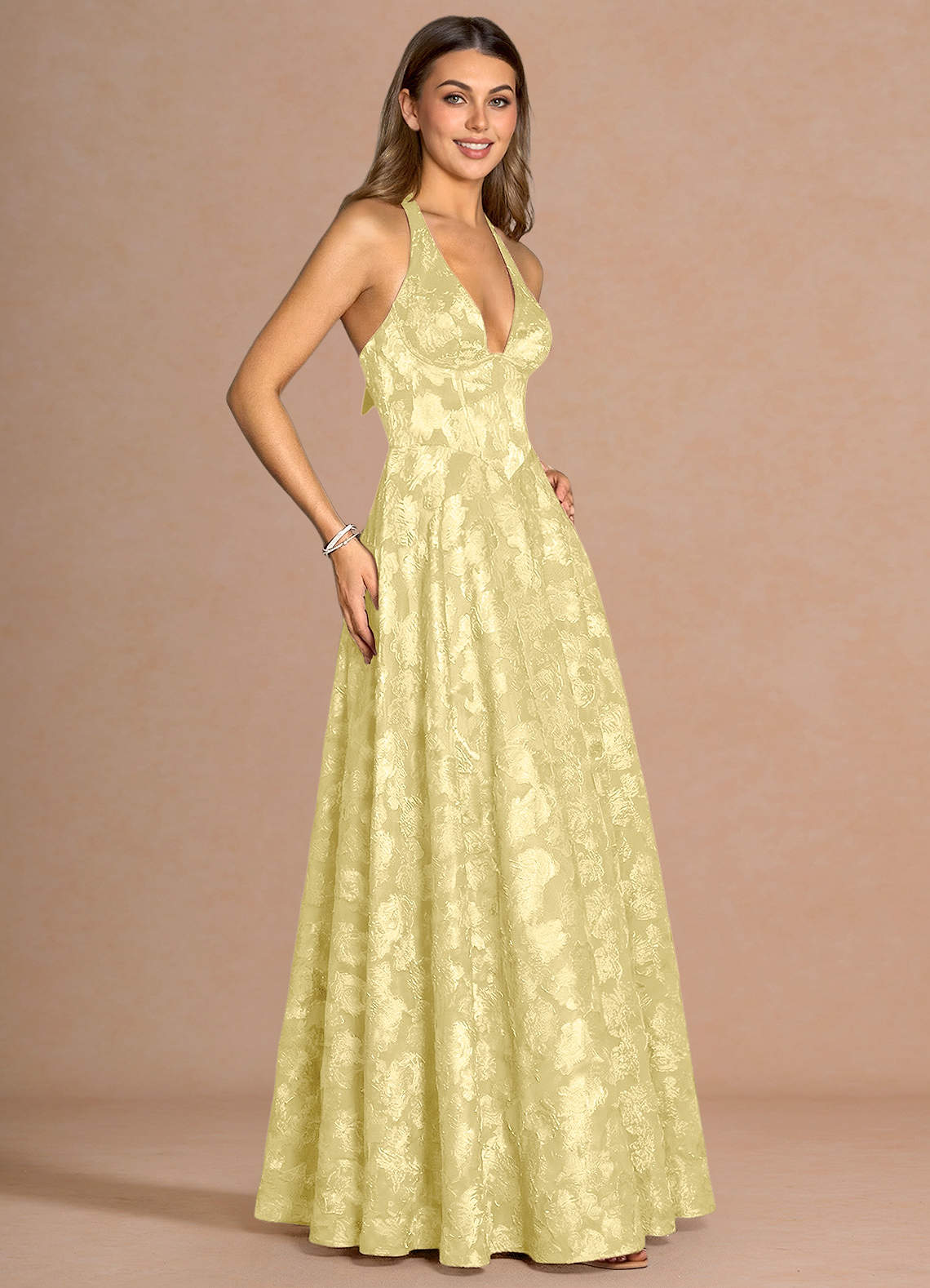 Isabeau A-Line V-Neck Fil Coupé Evening Dress in Lemon Sorbet