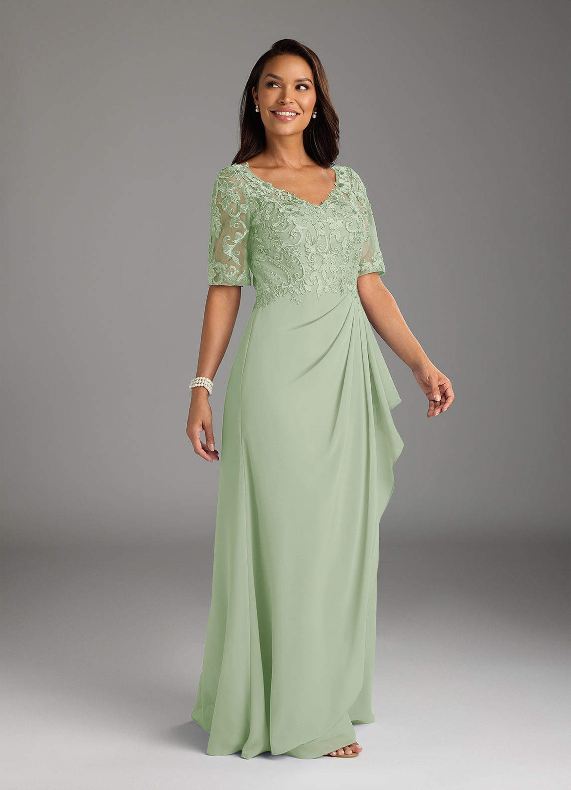 Amedeus A-Line V-Neck Chiffon and Lace Mother of the Bride Dress in Dusty Sage