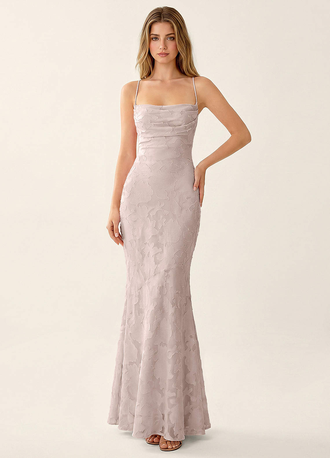 Natasha Mermaid Spaghetti-Strap Floral Burnout Evening Dress in Powder Pink