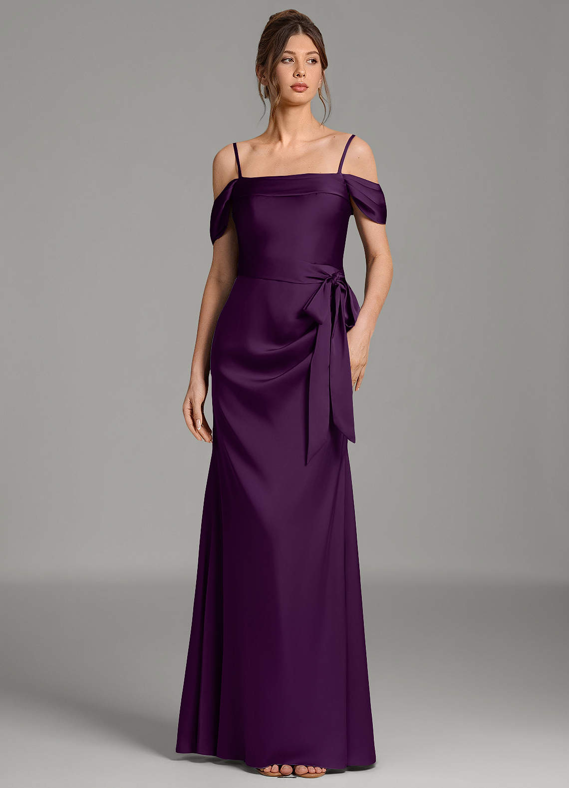 Wyatt Mermaid Off-the-Shoulder Stretch Satin Bridesmaid Dress in Grape