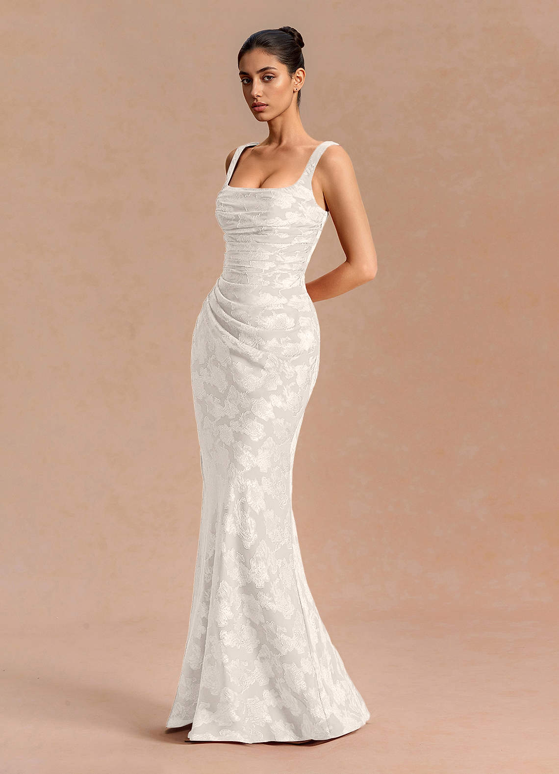 Agustina Square-Neck Pleated Fil Coupé Evening Dress in White