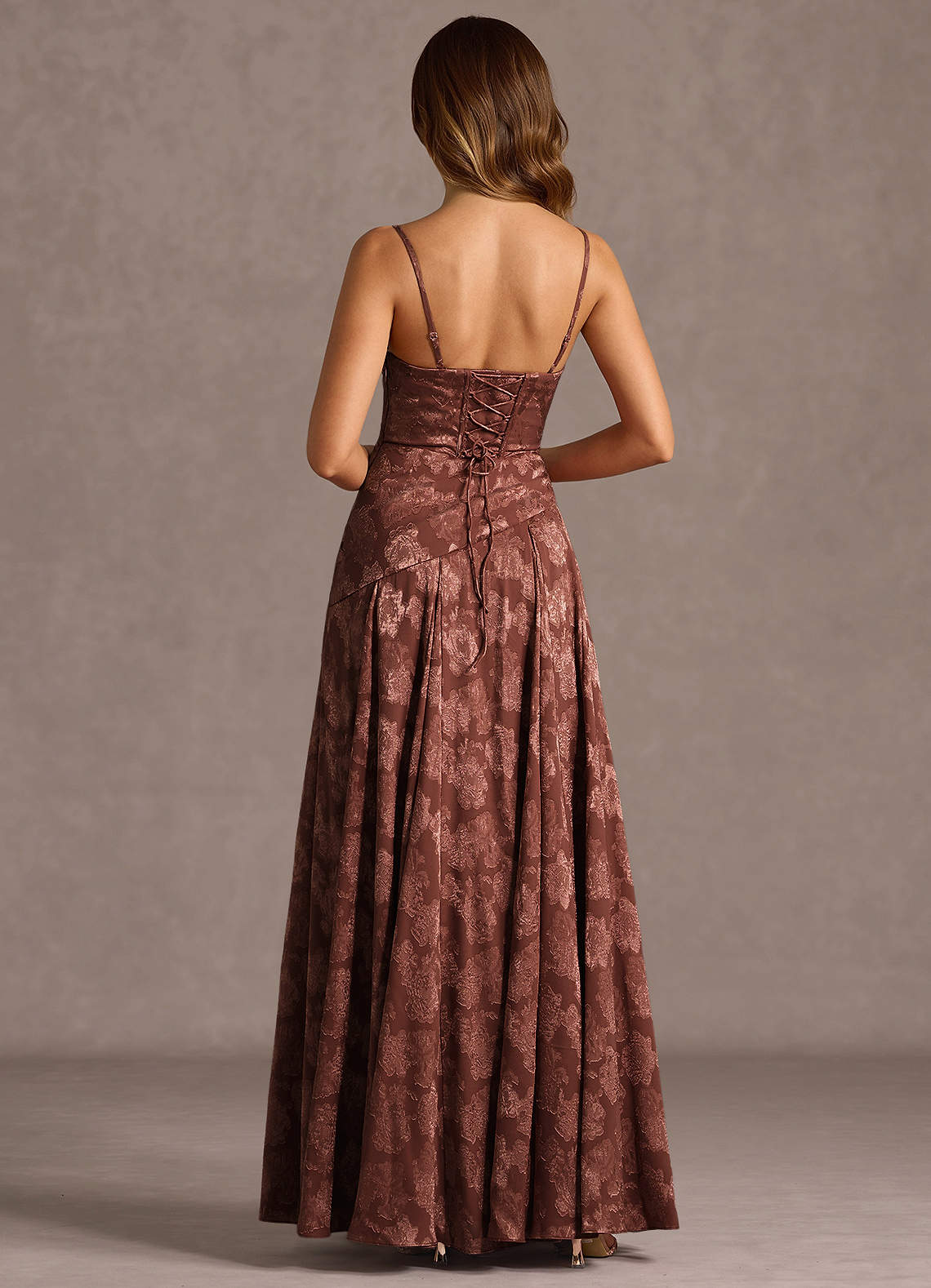 Gabriela A-Line Corset Fil Coupé Wedding Guest Dress in Mocha Coco
