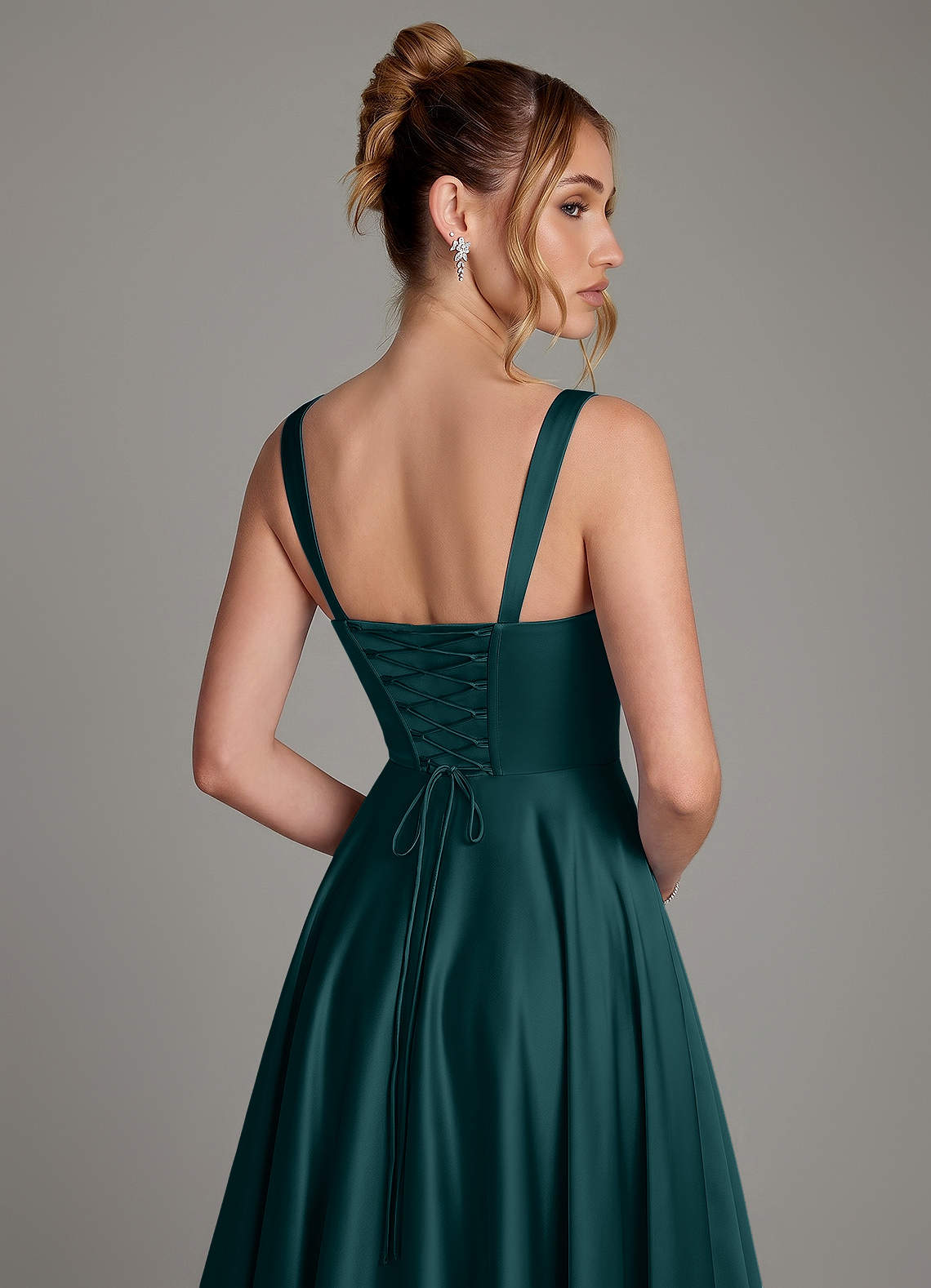 Azaria A-Line Square-Neck Stretch Satin Bridesmaid Dress in Pine