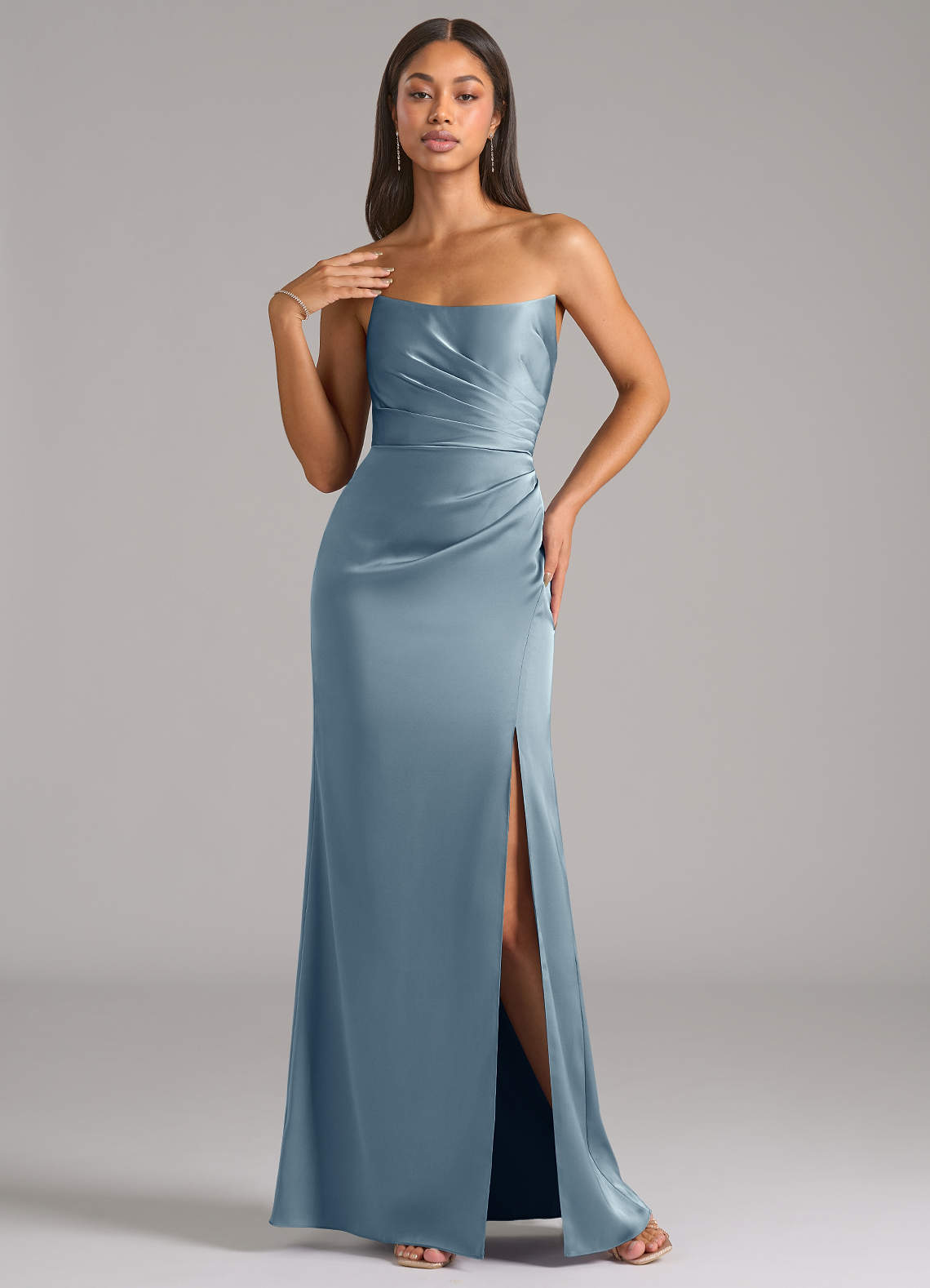 Marla Sheath Strapless Stretch Satin Bridesmaid Dress in dusty blue