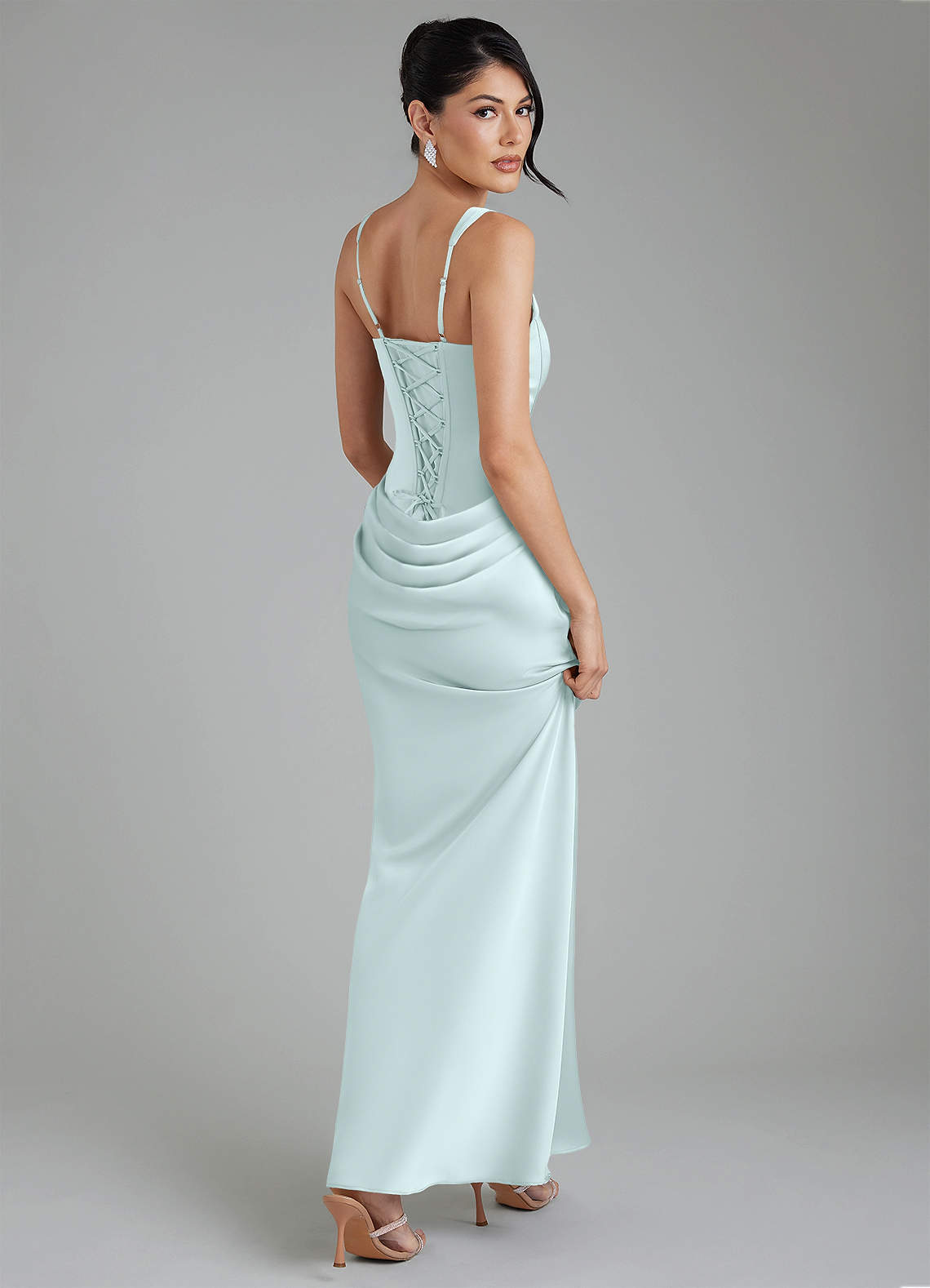 Etta Mermaid Square-Neck Stretch Satin Bridesmaid Dress in Sea Glass