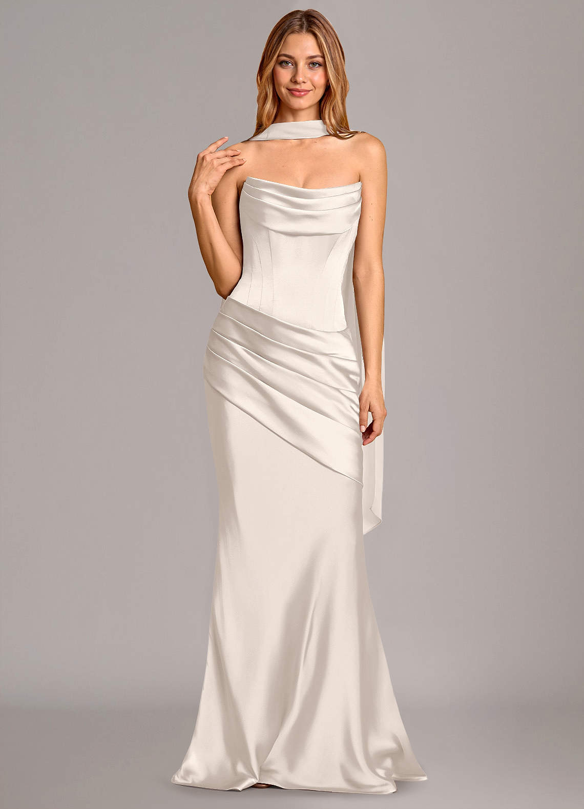 Pelagia Mermaid Cowl-Neck Stretch Satin Bridesmaid Dress in White Alabaster