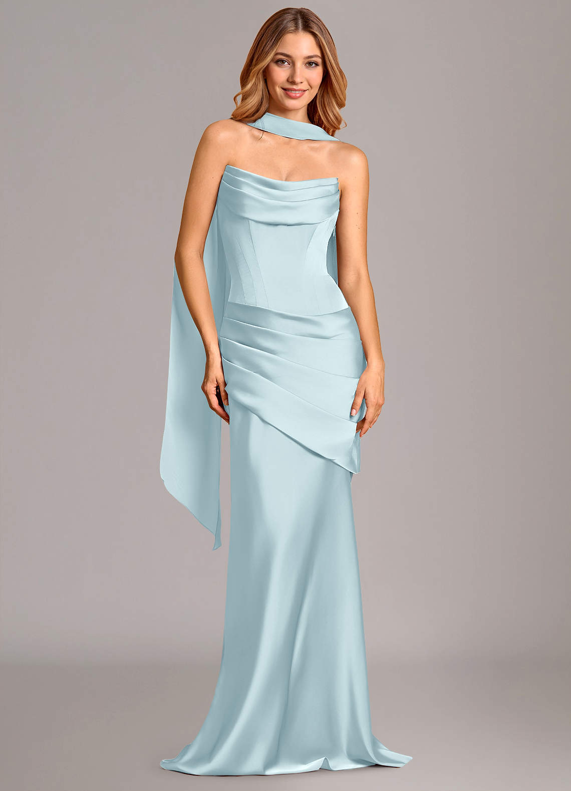 Pelagia Mermaid Cowl-Neck Stretch Satin Bridesmaid Dress in Cloud Blue