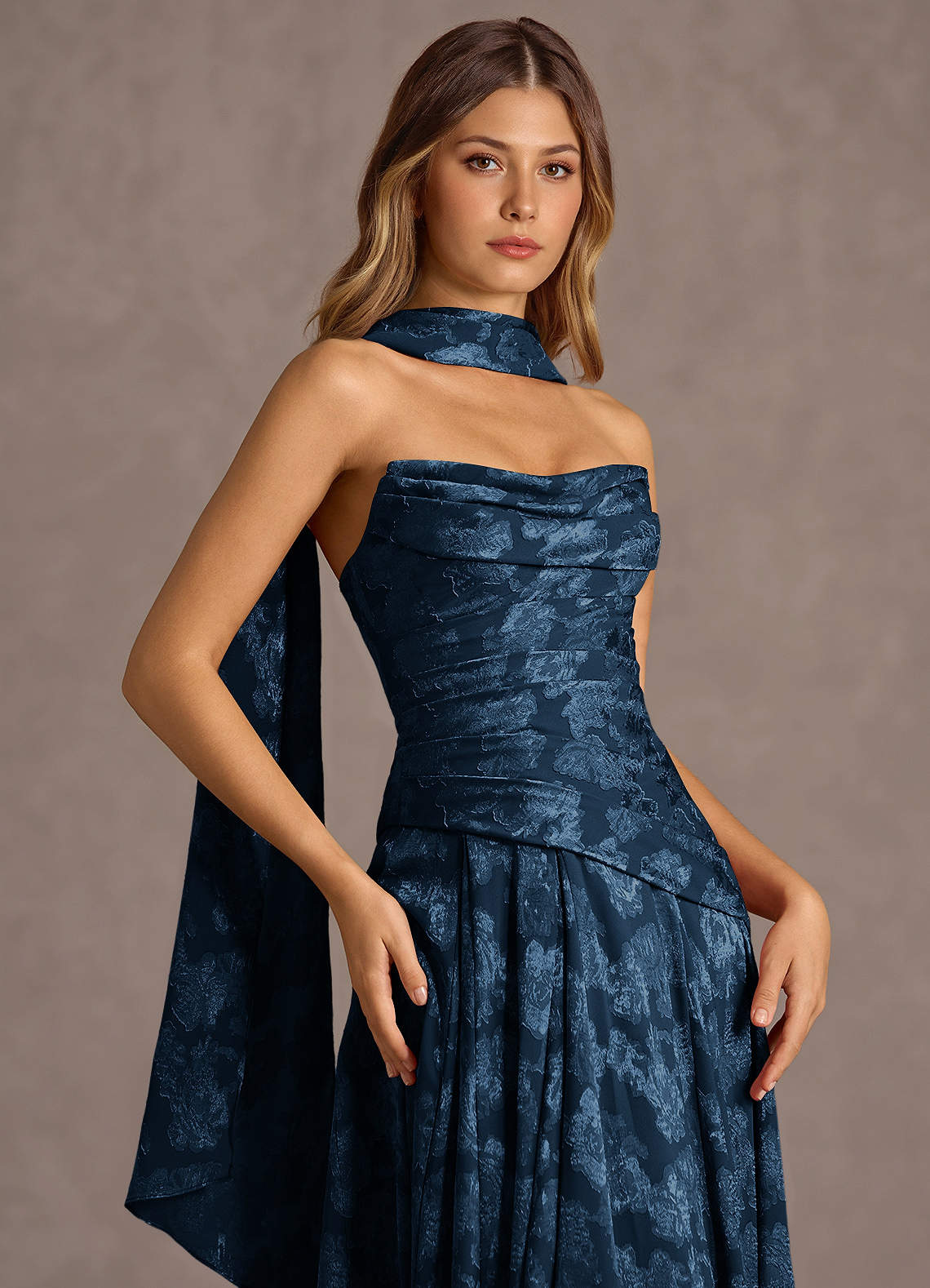 Gabriela A-Line Corset Fil Coupé Wedding Guest Dress in Navy