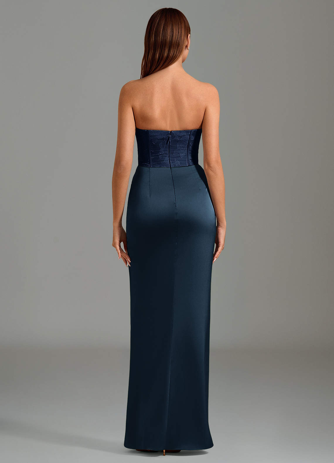 Emilia Mermaid Strapless Stretch Satin and Floral Burnout Bridesmaid Dress in Dark Navy