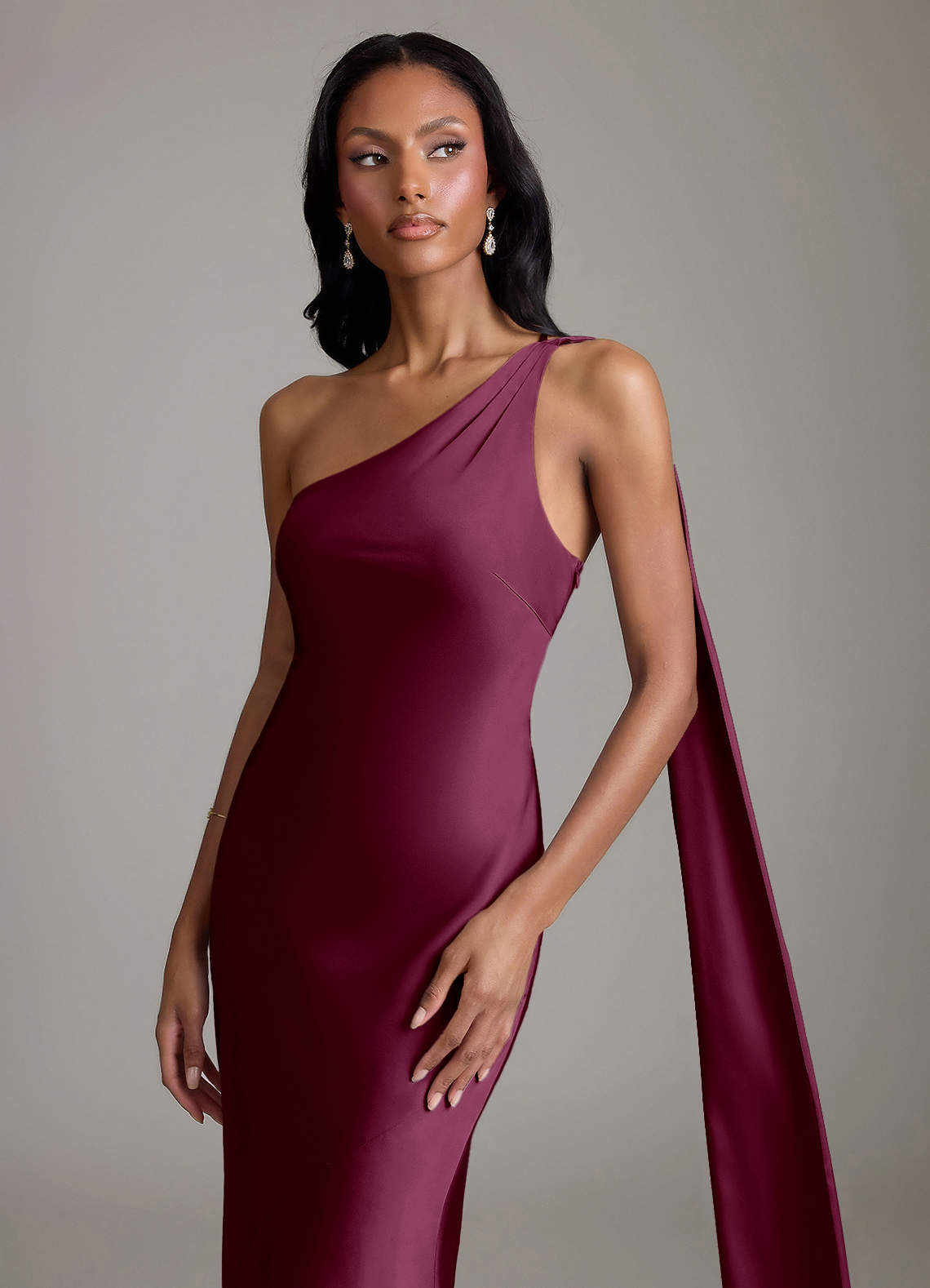 Juniper Mermaid One-Shoulder Stretch Satin Bridesmaid Dress in Mulberry