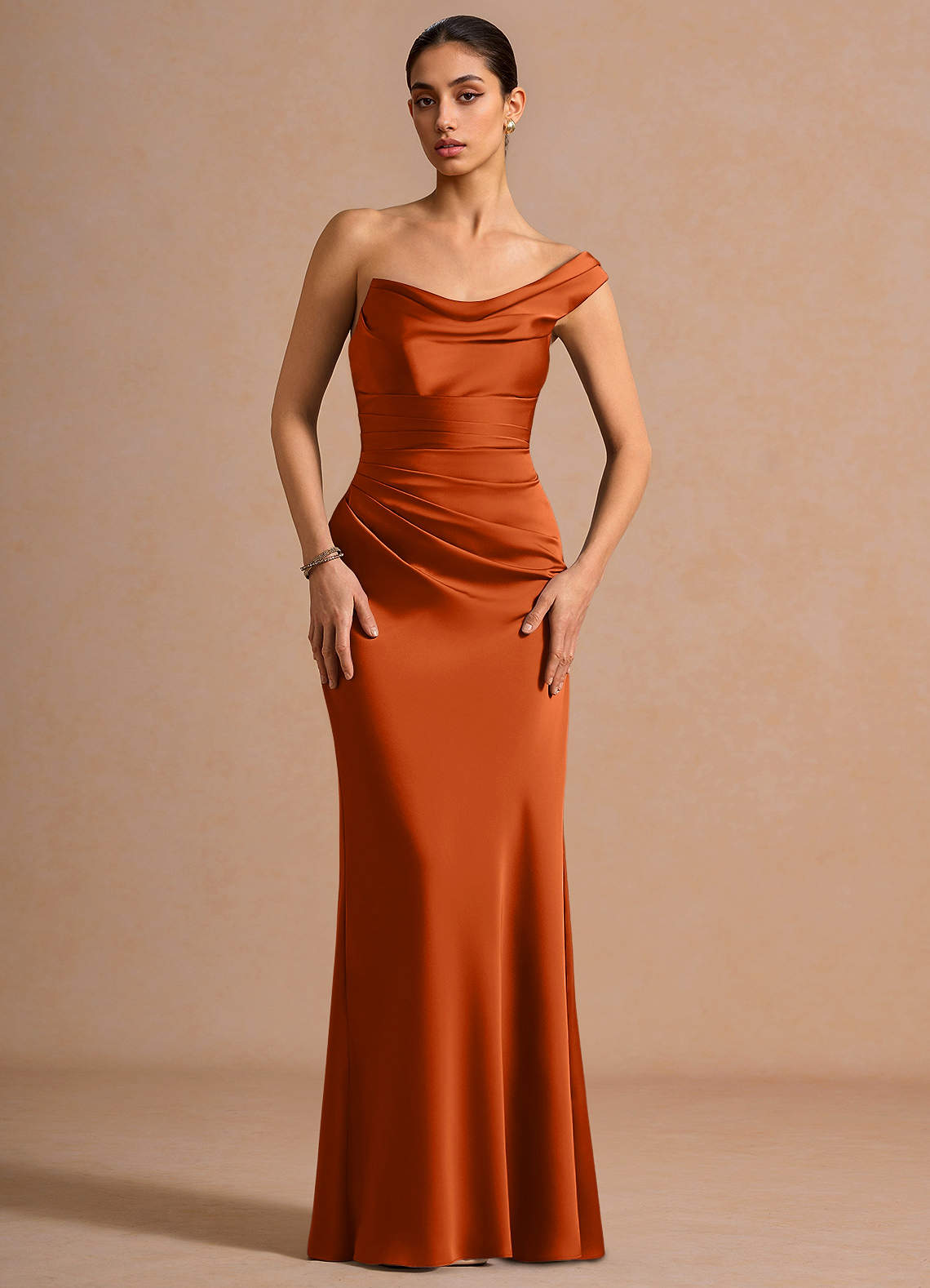 Cassiopeia One-Shoulder Draped Stretch Satin Evening Dress in Rust