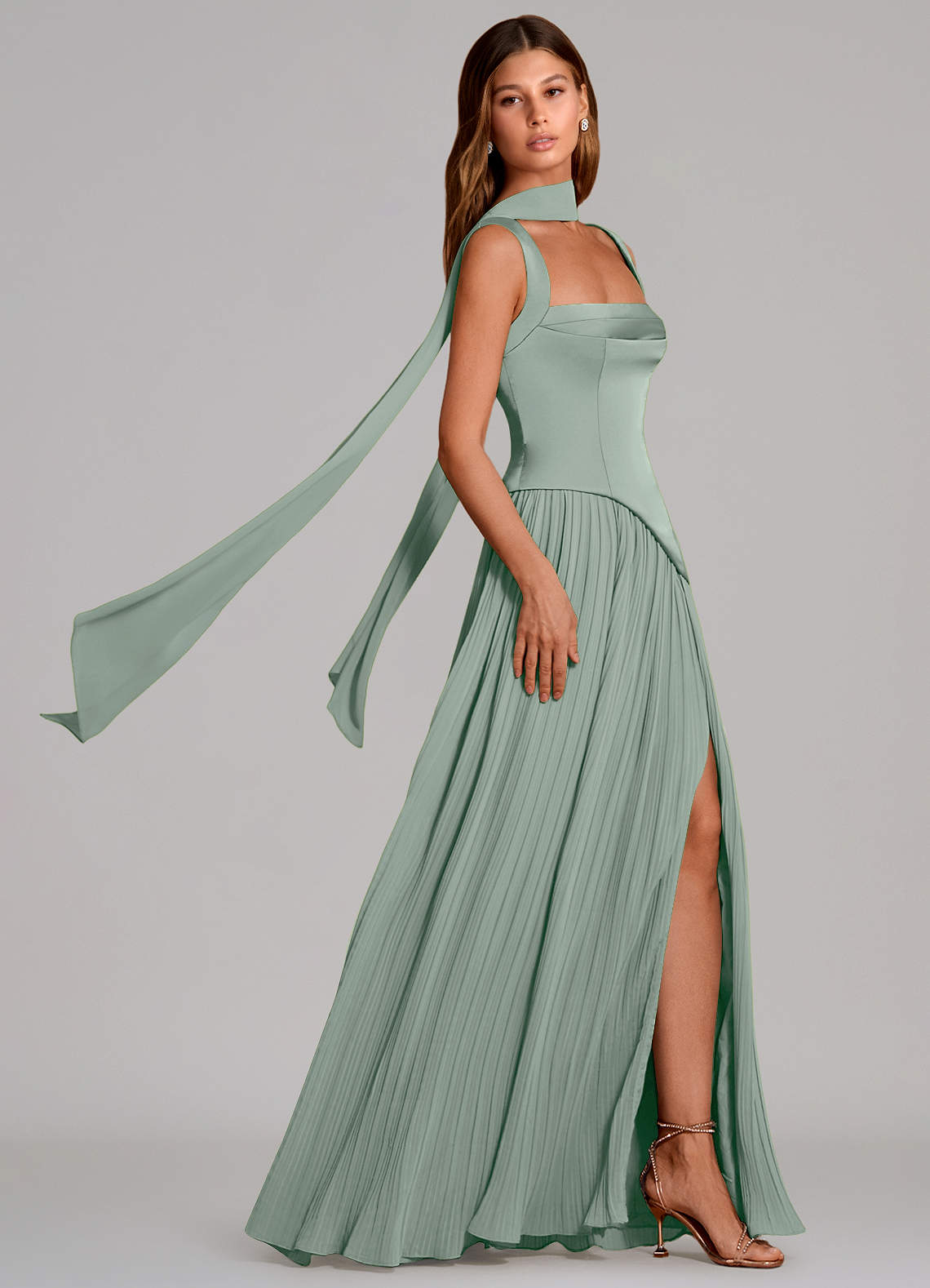 Stephanie A-Line Square-Neck Stretch Satin and Chiffon Bridesmaid Dress in Agave
