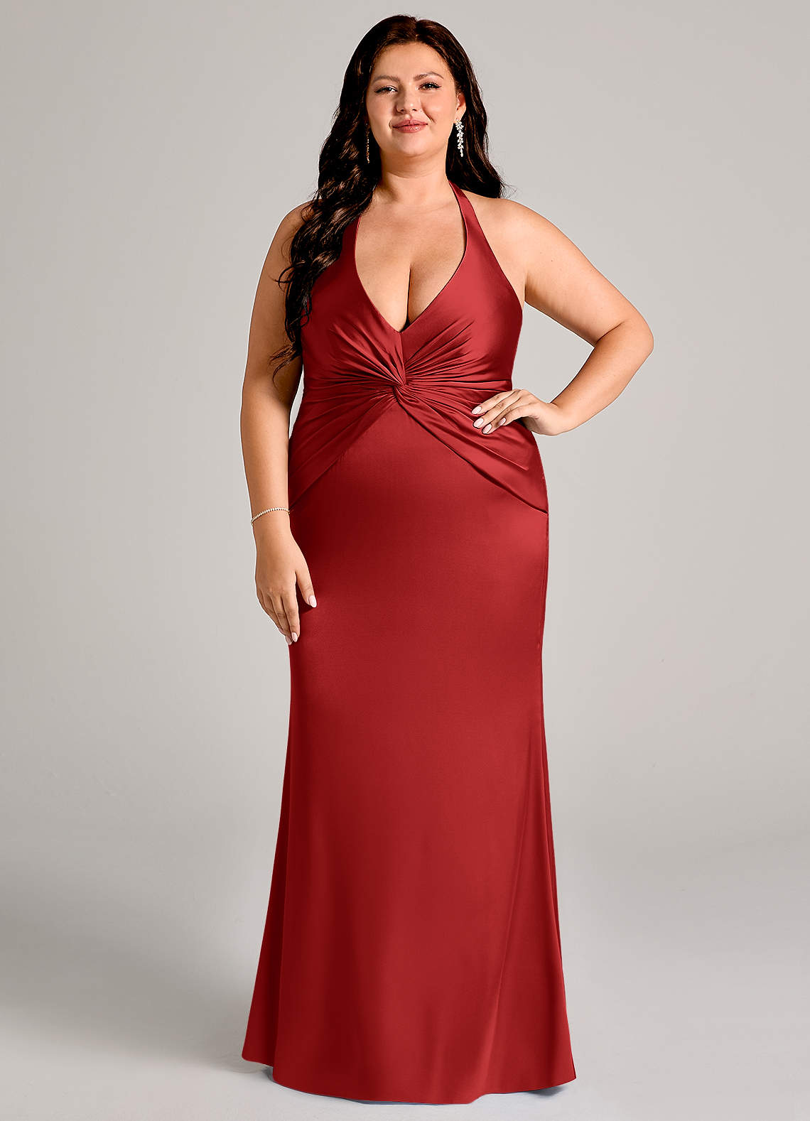 Valerie Mermaid V-Neck Stretch Satin Bridesmaid Dress in Pomegranate