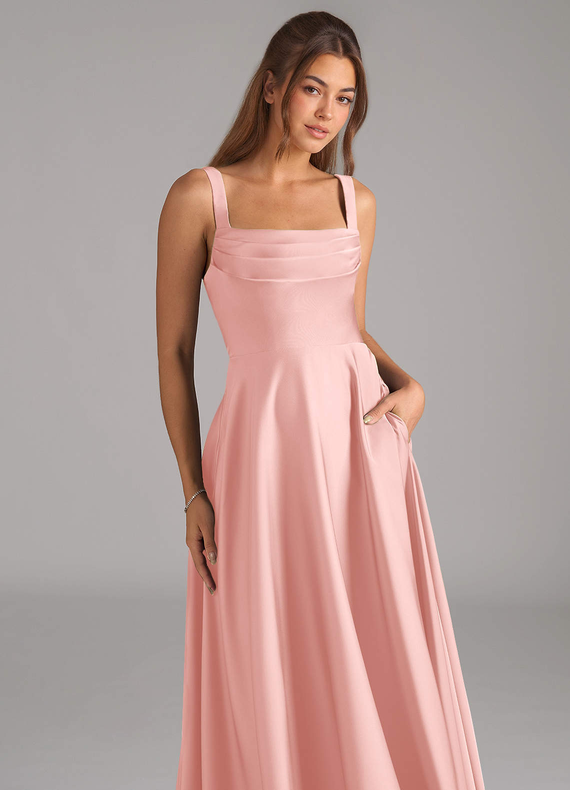 Shaude A-Line Square-Neck Stretch Satin Bridesmaid Dress in Powder Pink