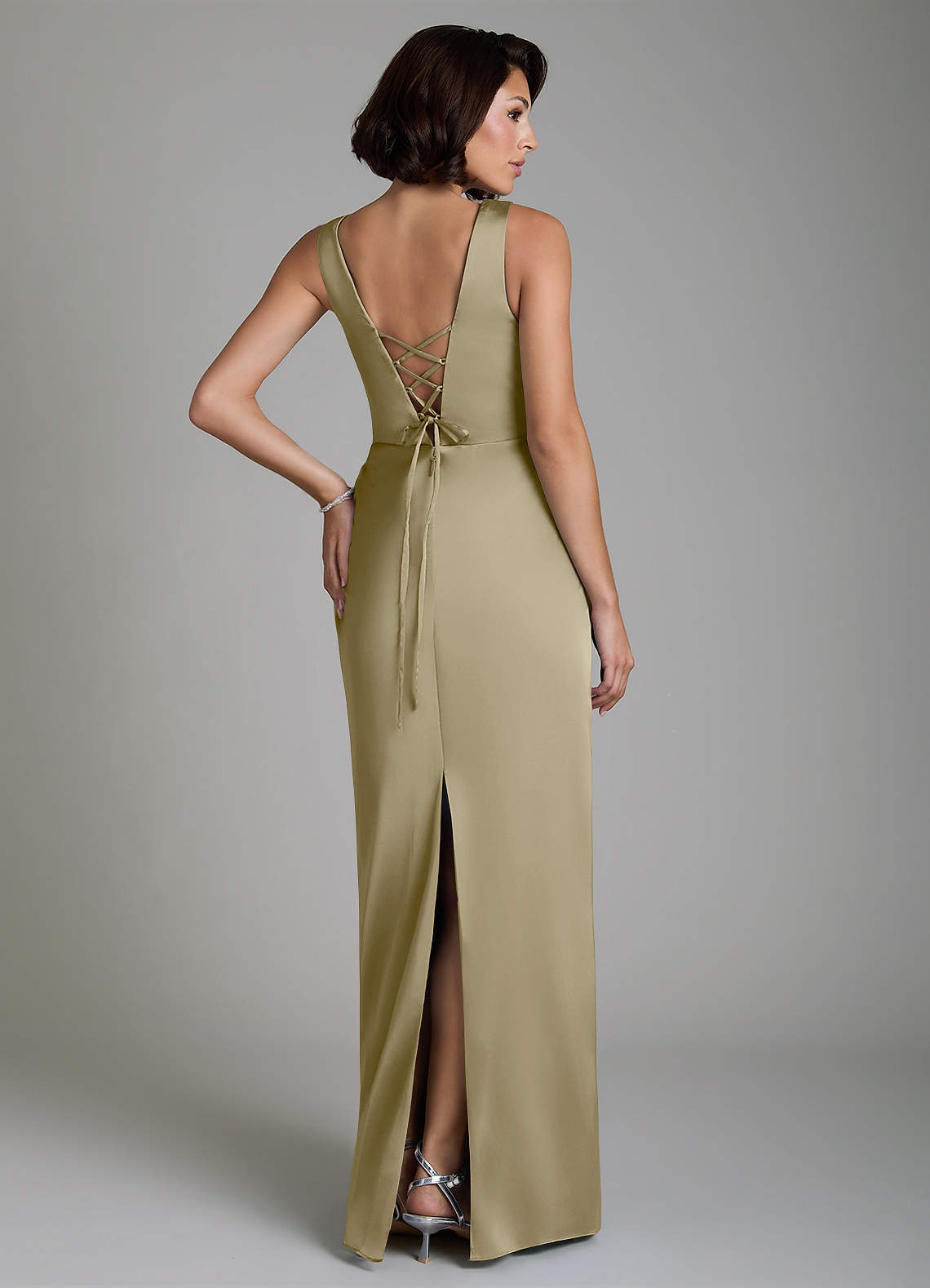 Vanya Sheath V-Neck Stretch Satin Bridesmaid Dress in Moss Green