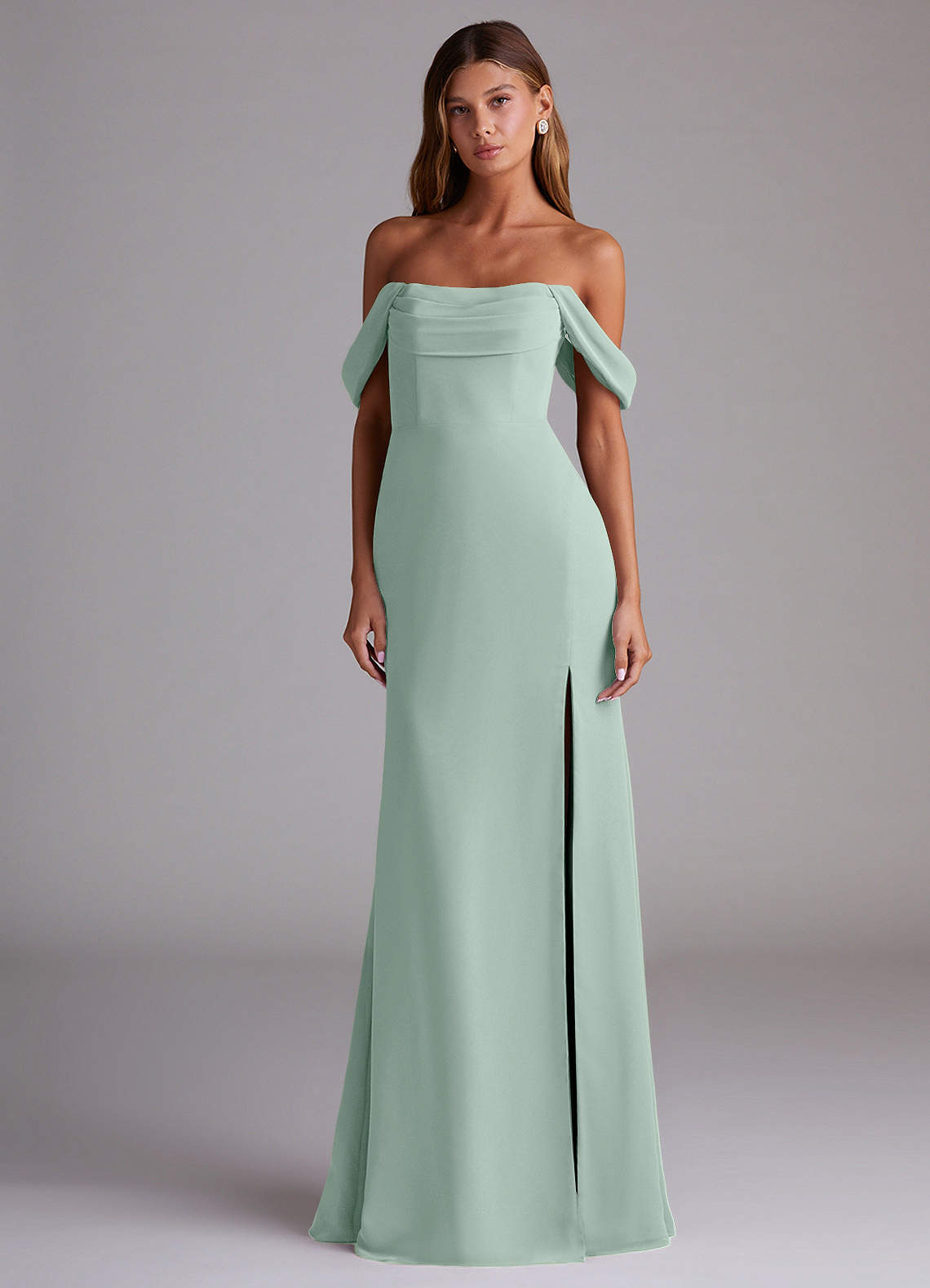 Saige A-Line Off-the-Shoulder Chiffon Bridesmaid Dress in Agave