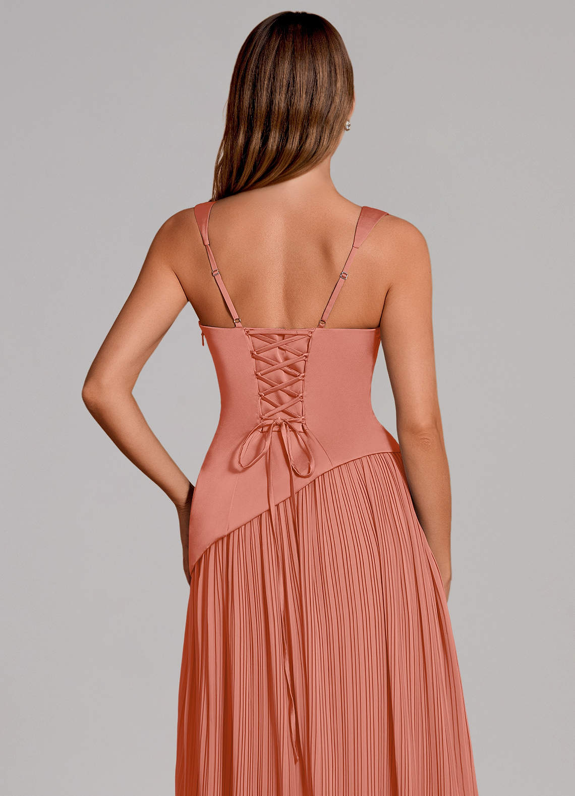Stephanie A-Line Square-Neck Stretch Satin and Chiffon Bridesmaid Dress in Salmon Pink