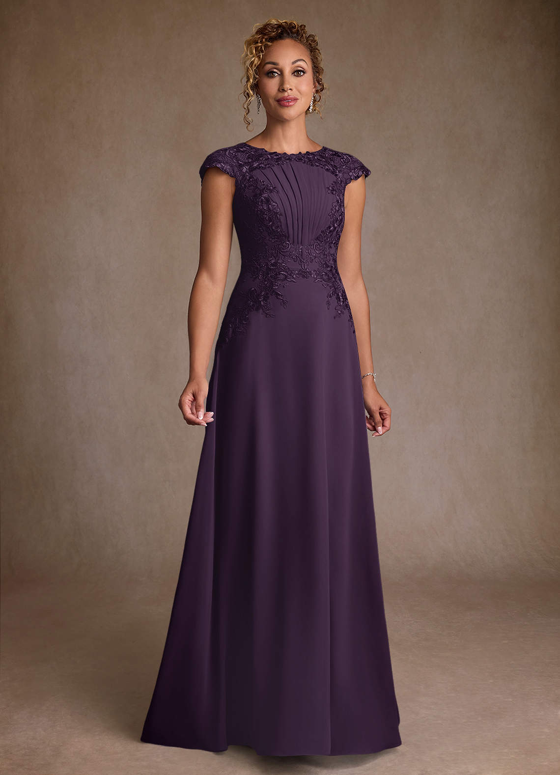 Christi A-Line Scoop-Neck Chiffon and Lace Mother of the Bride Dress in Plum
