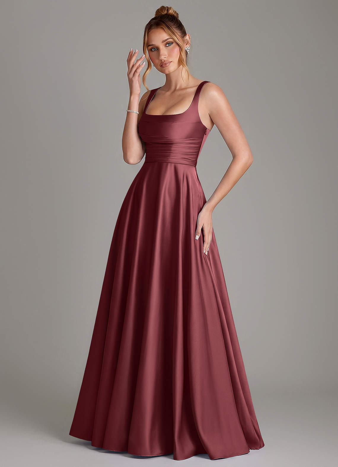 Azaria A-Line Square-Neck Stretch Satin Bridesmaid Dress in Merlot