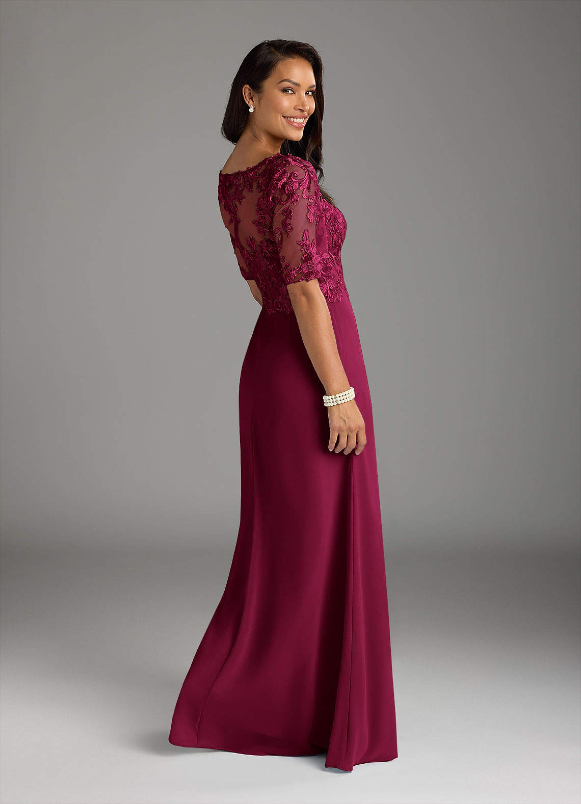 Amedeus A-Line V-Neck Chiffon and Lace Mother of the Bride Dress in Burgundy