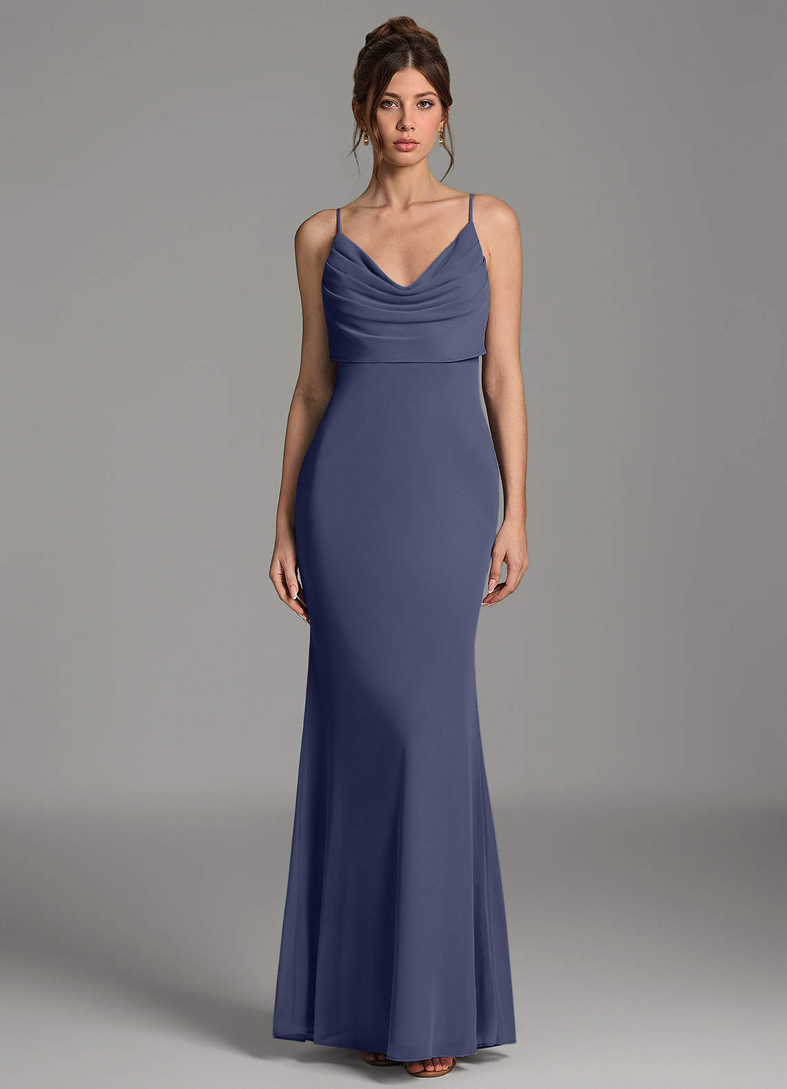Zari Mermaid Cowl-Neck Mesh Bridesmaid Dress in Stormy