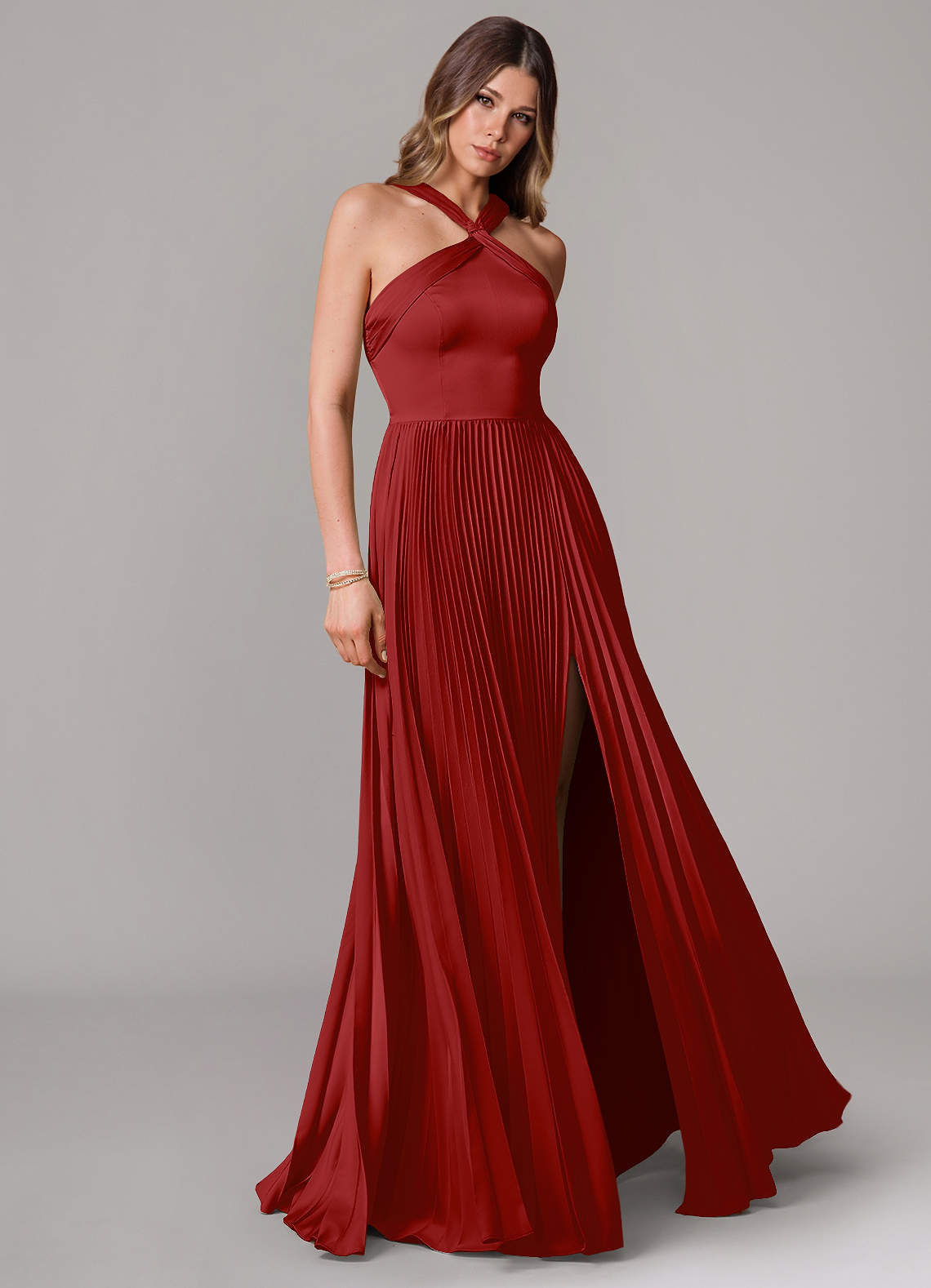 Afra A-Line Halter-Neck Stretch Satin Bridesmaid Dress in Pomegranate