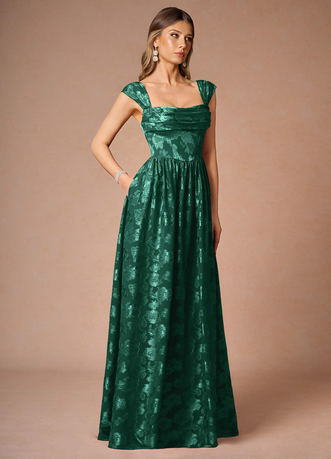 Hazel A-Line Cowl-Neck Fil Coupé Wedding Guest Dress in Hunter Green