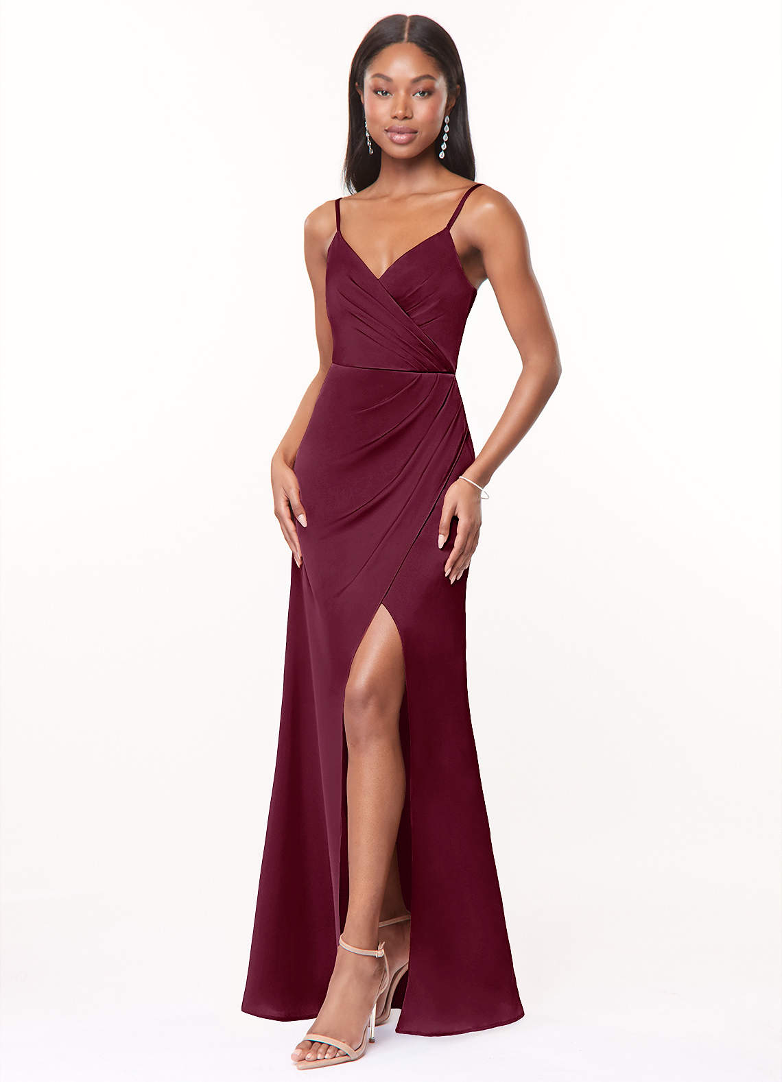 Maci A-Line V-Neck Stretch Satin Bridesmaid Dress in Mulberry