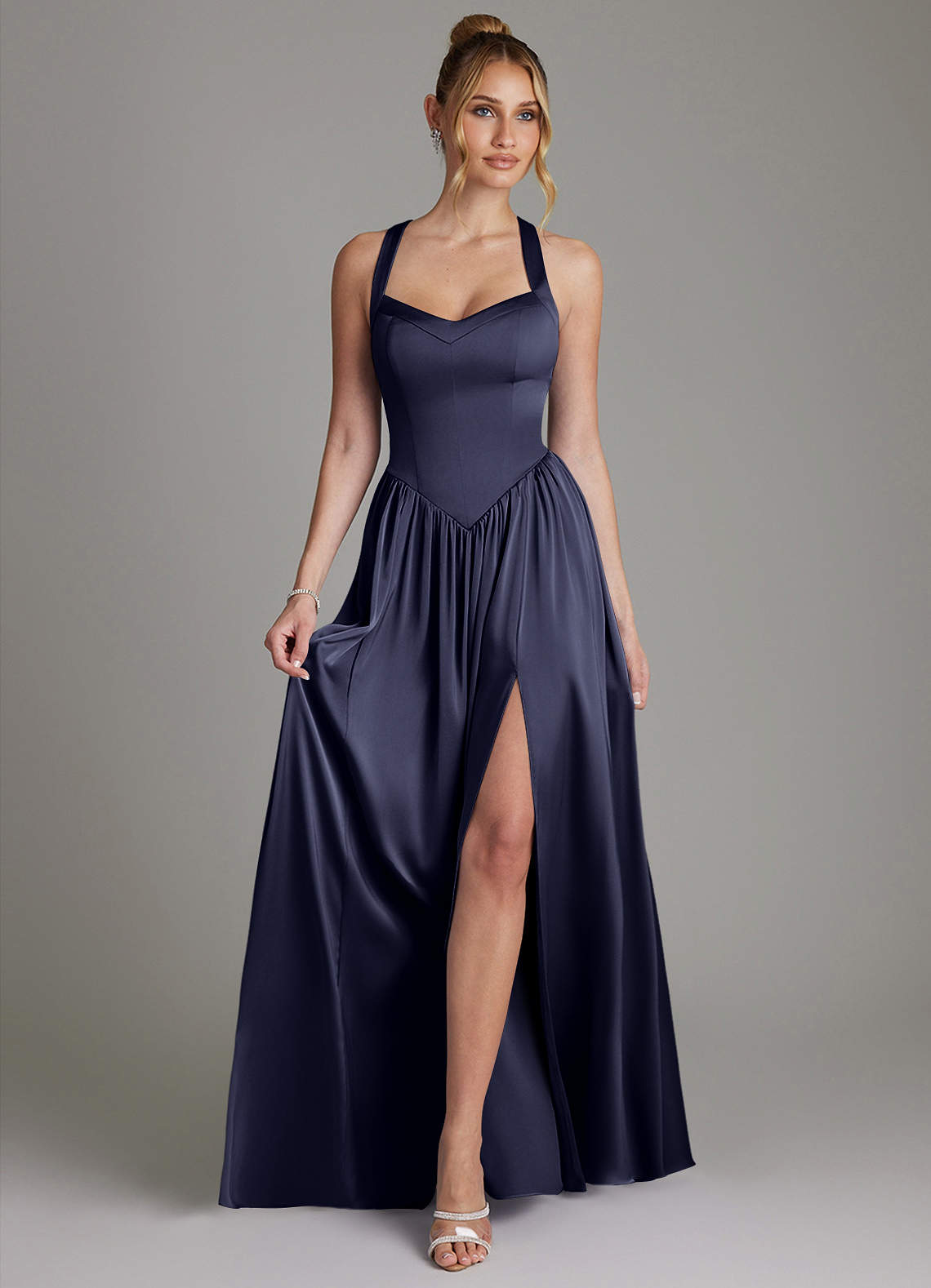 Francis A-Line V-Neck Stretch Satin Bridesmaid Dress in Stormy