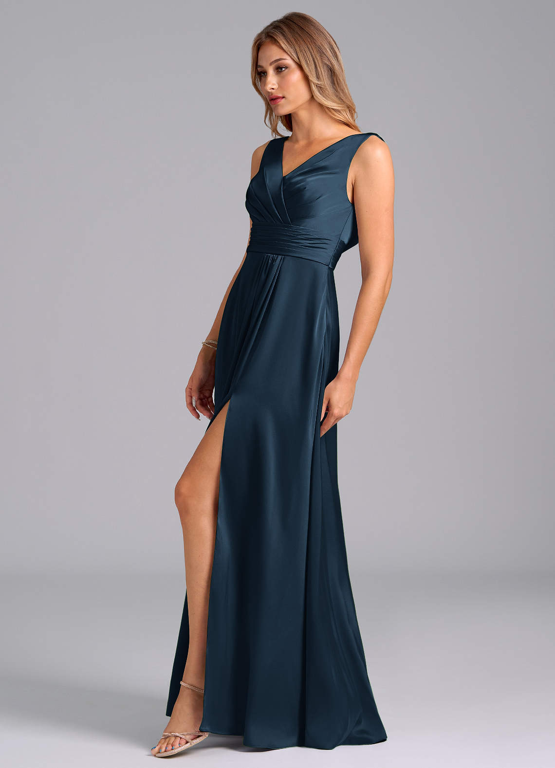 Karina A-Line V-Neck Stretch Satin Bridesmaid Dress in Dark Navy