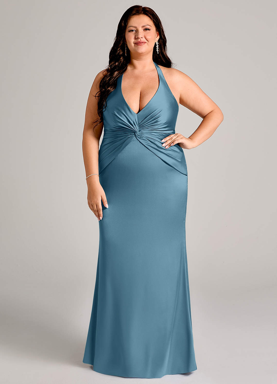 Valerie Mermaid V-Neck Stretch Satin Bridesmaid Dress in Bermuda