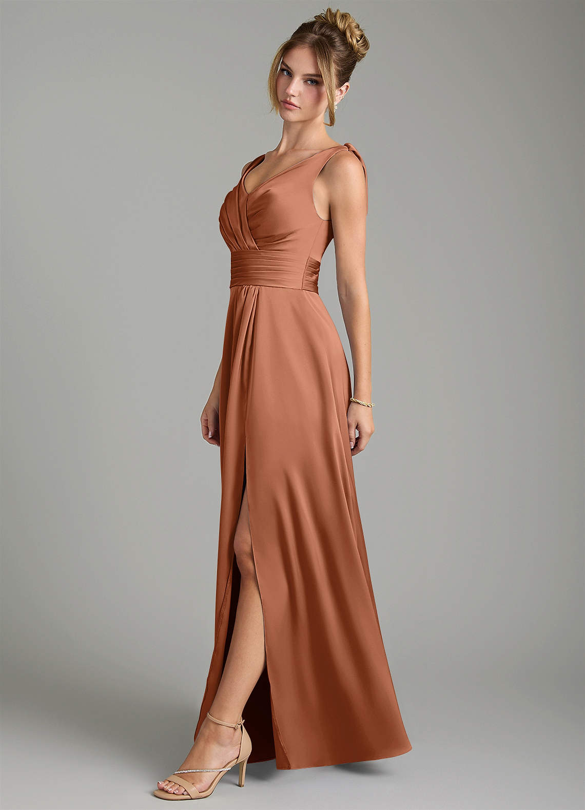 Karina A-Line V-Neck Stretch Satin Bridesmaid Dress in Bronzer