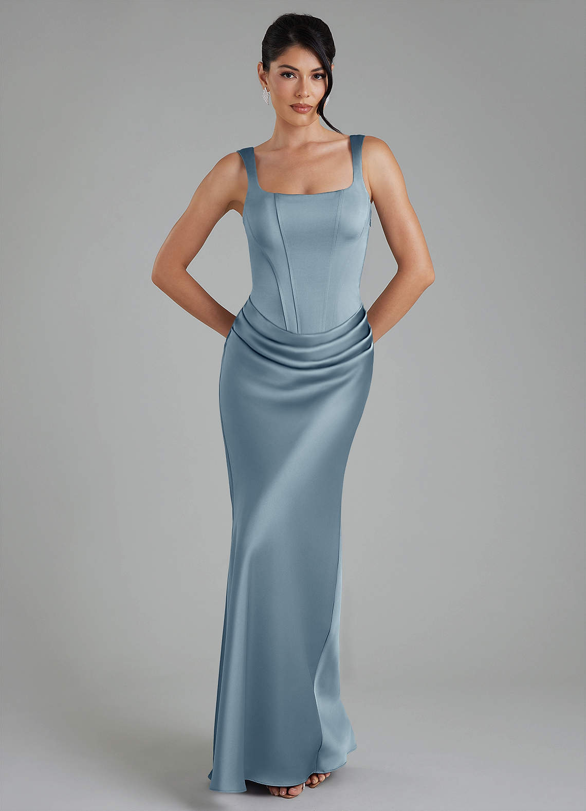 Etta Mermaid Square-Neck Stretch Satin Bridesmaid Dress in dusty blue