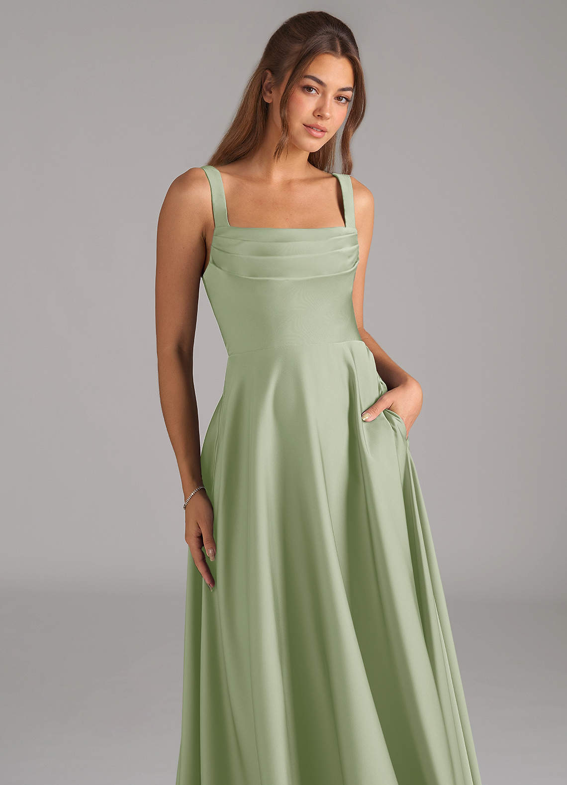 Shaude A-Line Square-Neck Stretch Satin Bridesmaid Dress in Dusty Sage