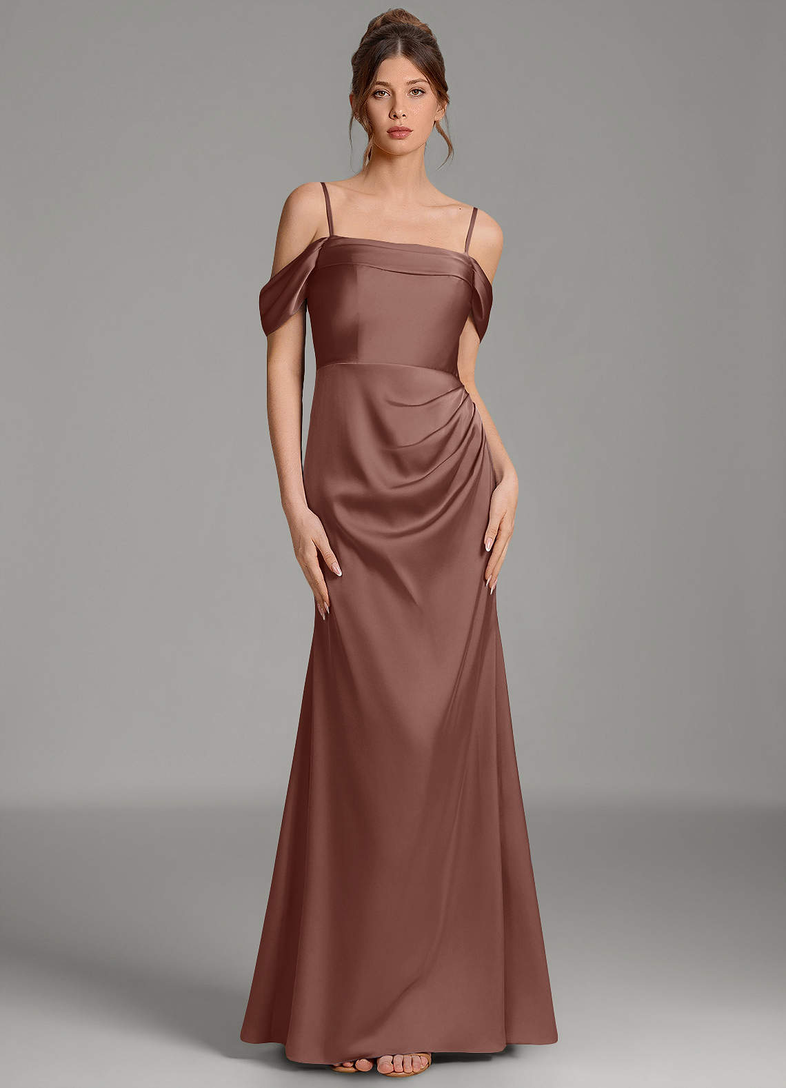 Wyatt Mermaid Off-the-Shoulder Stretch Satin Bridesmaid Dress in Espresso